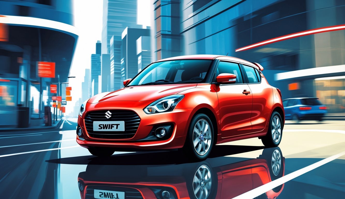 Crvena Suzuki Swift automobila vozi gradskom ulicom s modernim zgradama u pozadini.