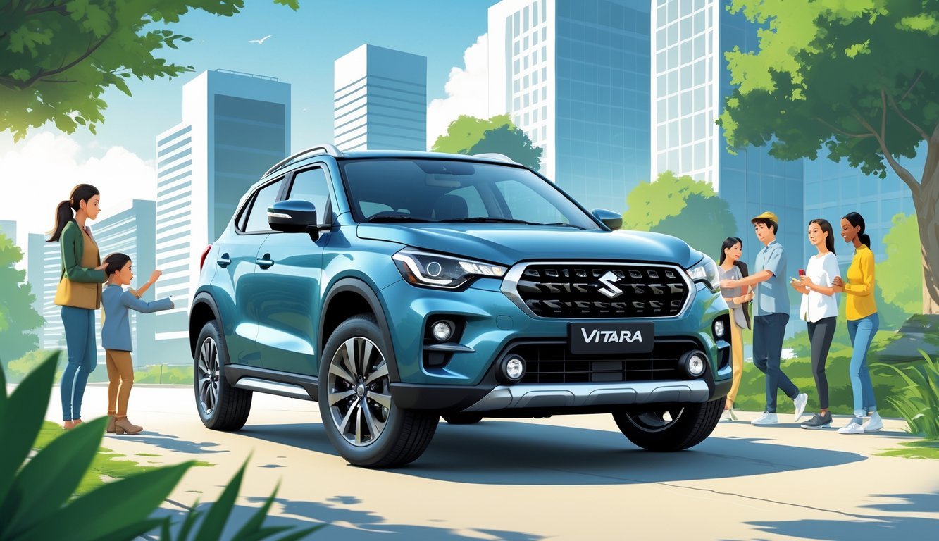 Suzuki Vitara parkiran u urbanom okruženju s ljudima različitih dobi oko vozila.