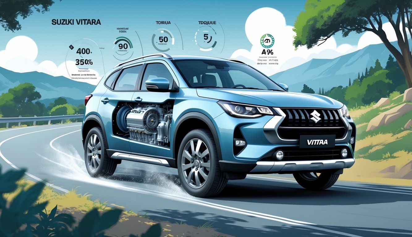 Ilustracija Suzuki Vitaru na cesti s prikazom motora i mjenjača u presjeku.