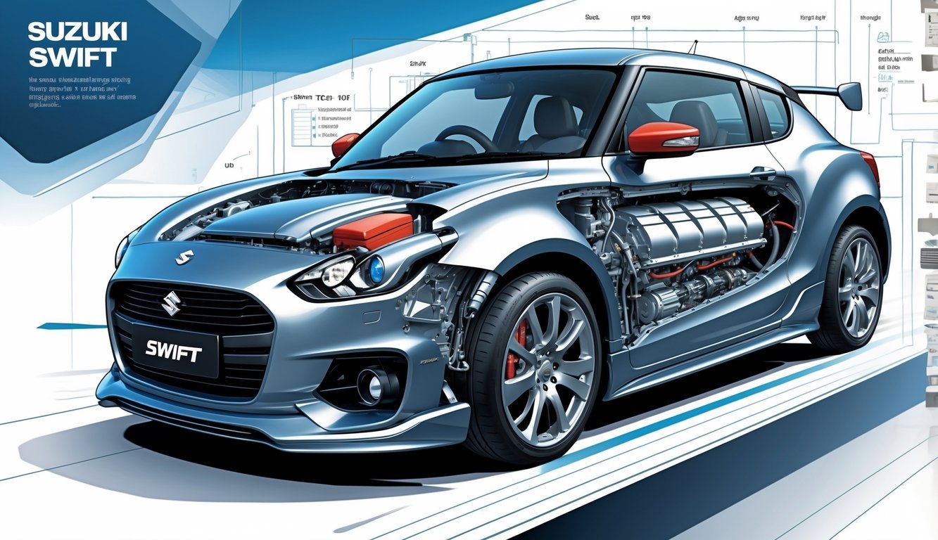 Prikaz unutrašnjosti motora i mjenjača automobila Suzuki Swift s naglaskom na performanse.