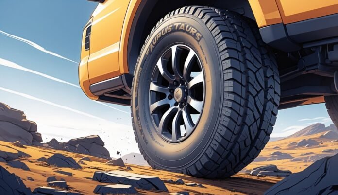 Prikaz bliskog kadra gume Taurus na kamenitom terenu s prirodnim krajolikom u pozadini.