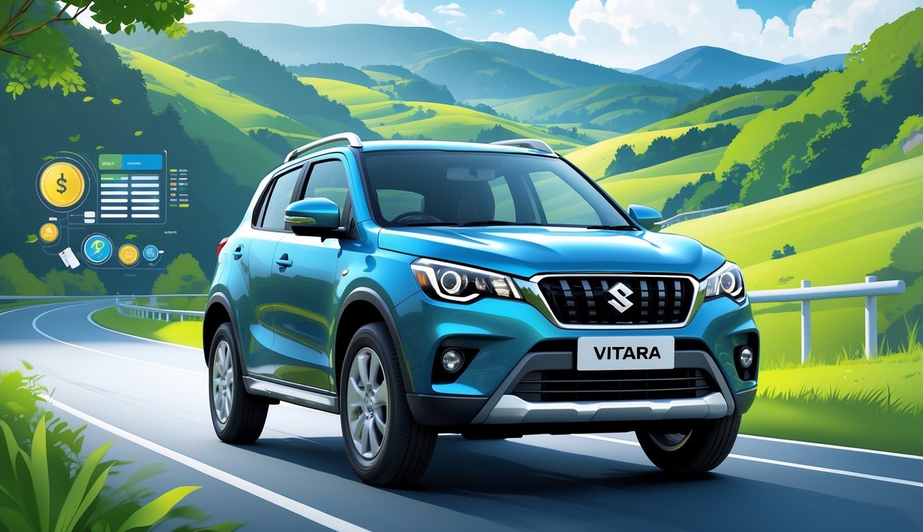 Suzuki Vitara na cesti okruženoj zelenilom i brežuljcima, s prikazom elemenata koji simboliziraju potrošnju goriva i troškove vožnje.