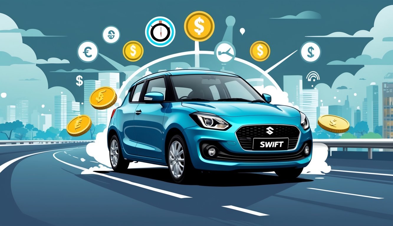 Automobil Suzuki Swift na cesti okružen ikonama goriva i novca koje predstavljaju potrošnju goriva i ukupne troškove vožnje.