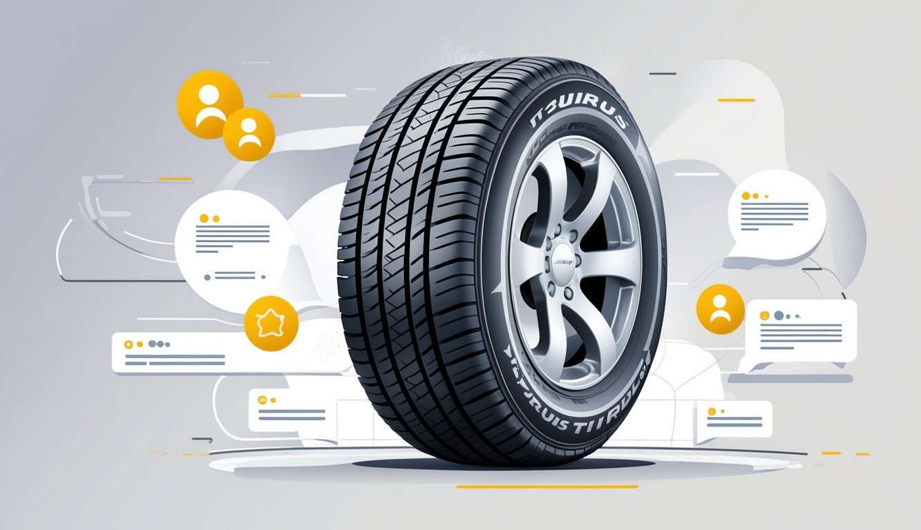 Ilustracija prikazuje gumu marke Taurus u prvom planu s elementima koji simboliziraju iskustva korisnika i performanse na cesti.