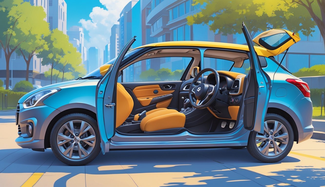 Prikaz Suzuki Swift automobila s otvorenim vratima koji pokazuju prostranu i udobnu unutrašnjost u urbanom okruženju.