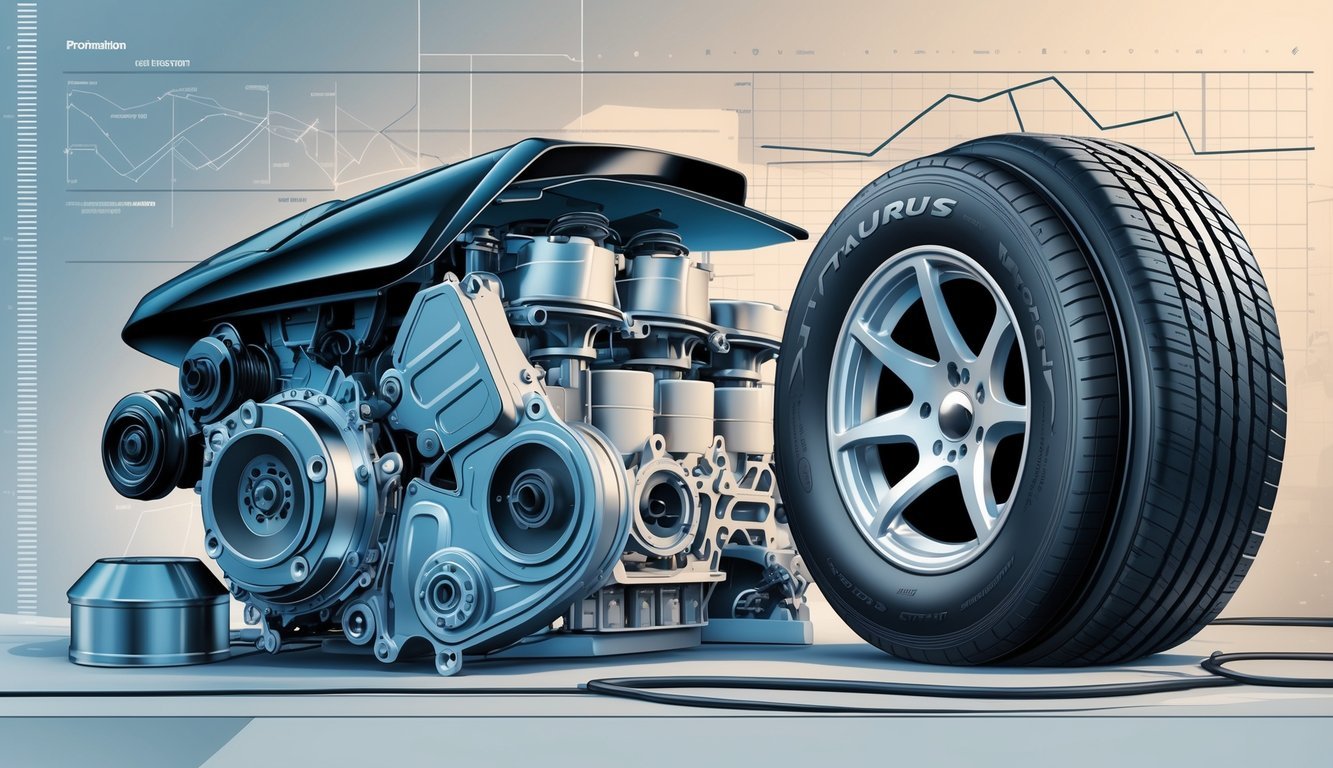 Ilustracija prikazuje motor automobila, mjenjač i gume marke Taurus postavljene zajedno u prikazu visokih performansi.
