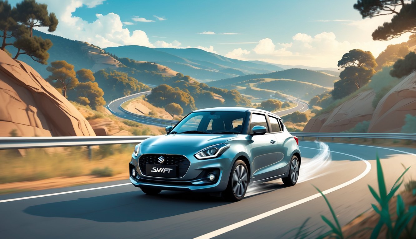 Suzuki Swift na vijugavoj cesti okružen brežuljcima i drvećem, s prikazom ovjesa i vozačem koji vozi.