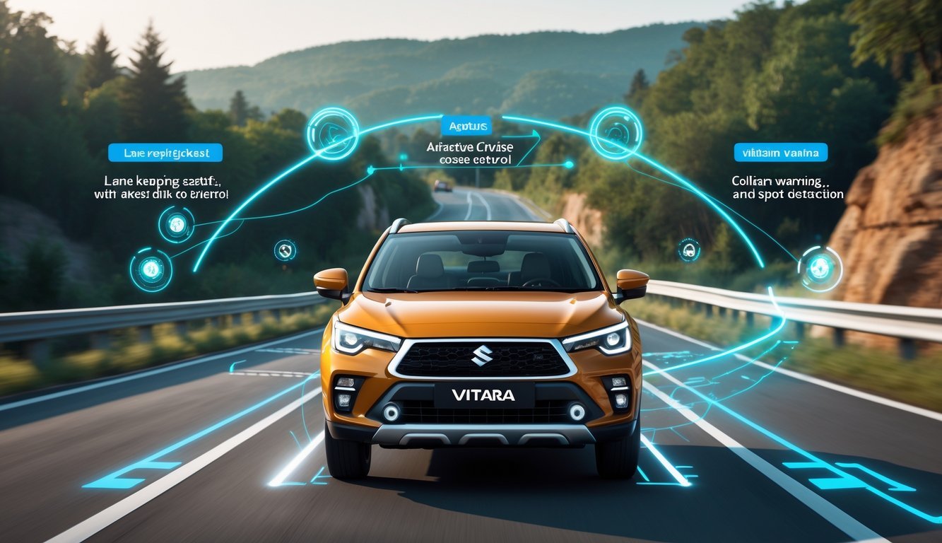 Suzuki Vitara na cesti s prikazom sigurnosnih i sustava pomoći vozaču u akciji.