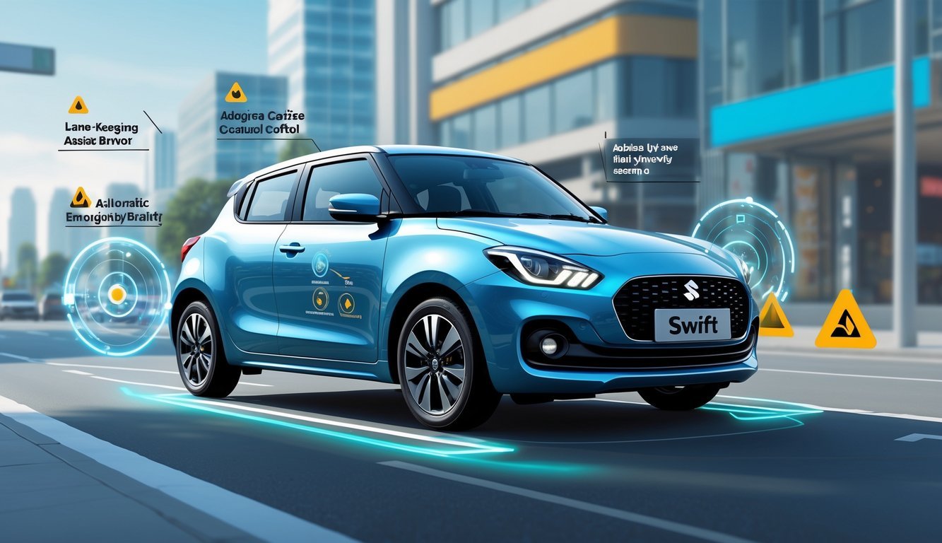 Suzuki Swift na gradskom ulici s prikazom sigurnosnih i pomoćnih sustava vozaču.