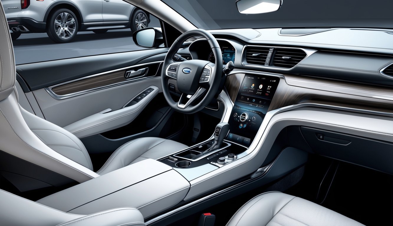 Unutrašnjost modernog automobila s detaljima visokokvalitetne izrade i prikazom naprednog infotainment sustava, uz prikaz guma Taurus u pozadini.