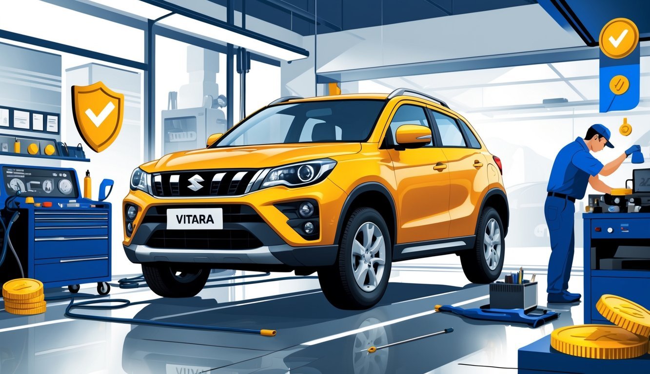 Suzuki Vitara u radionici gdje mehaničar pregledava motor, okružena alatima i simbolima pouzdanosti, tipičnih kvarova i troškova servisa.