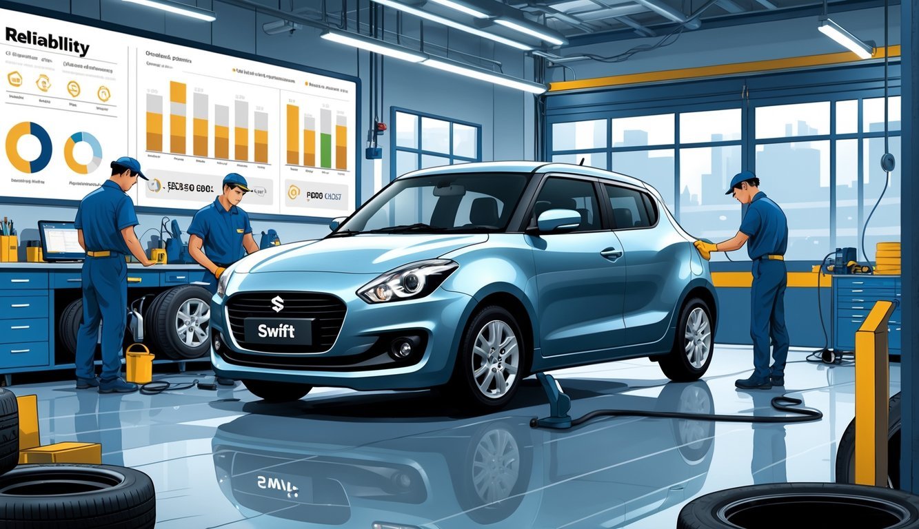 Suzuki Swift parkiran u radionici s mehaničarima koji pregledavaju različite dijelove automobila i koriste dijagnostičke alate.