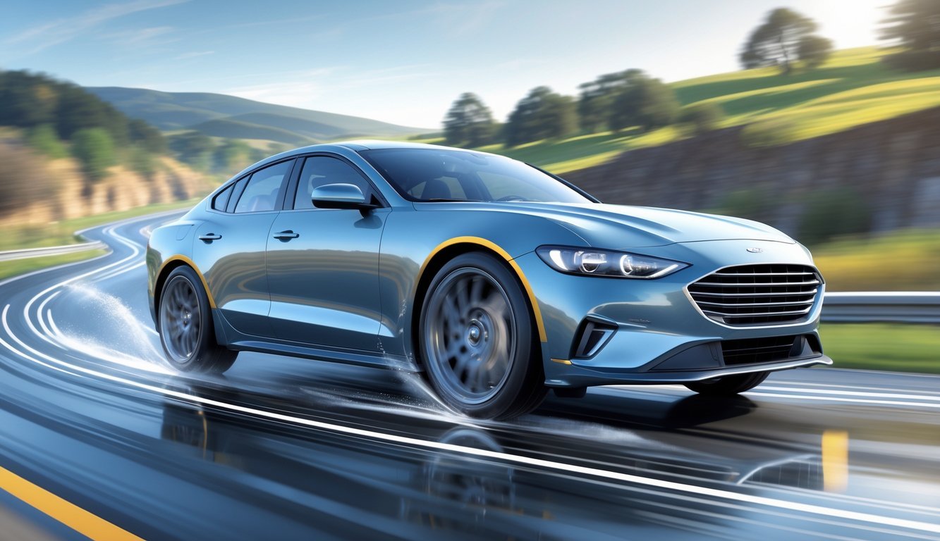 Automobil na vijugavoj cesti s istaknutim gumama i ovjesom, prikazujući prianjanje i osjećaj u vožnji.