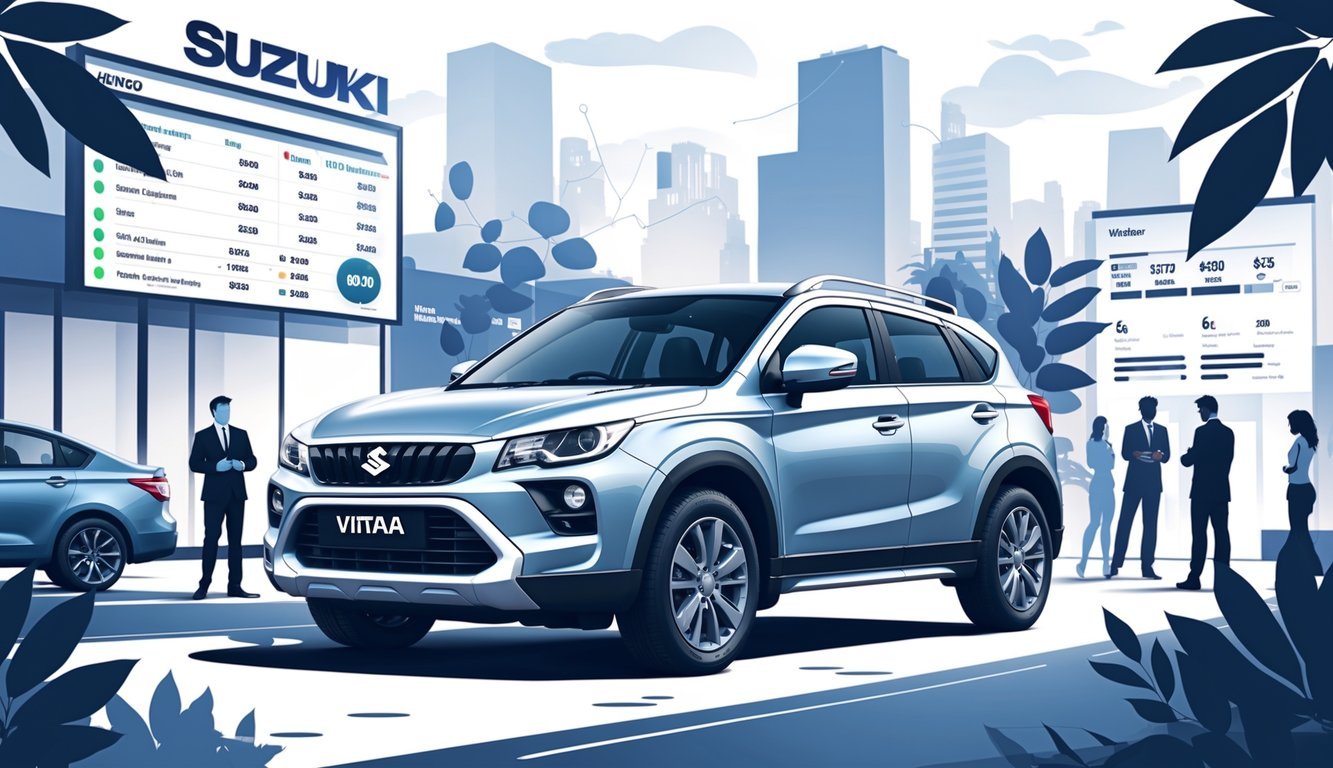 Suzuki Vitara parkiran u gradskom okruženju s ljudima koji razgovaraju i pregledavaju automobil, uz prikaze elemenata vezanih uz cijene i opremu.