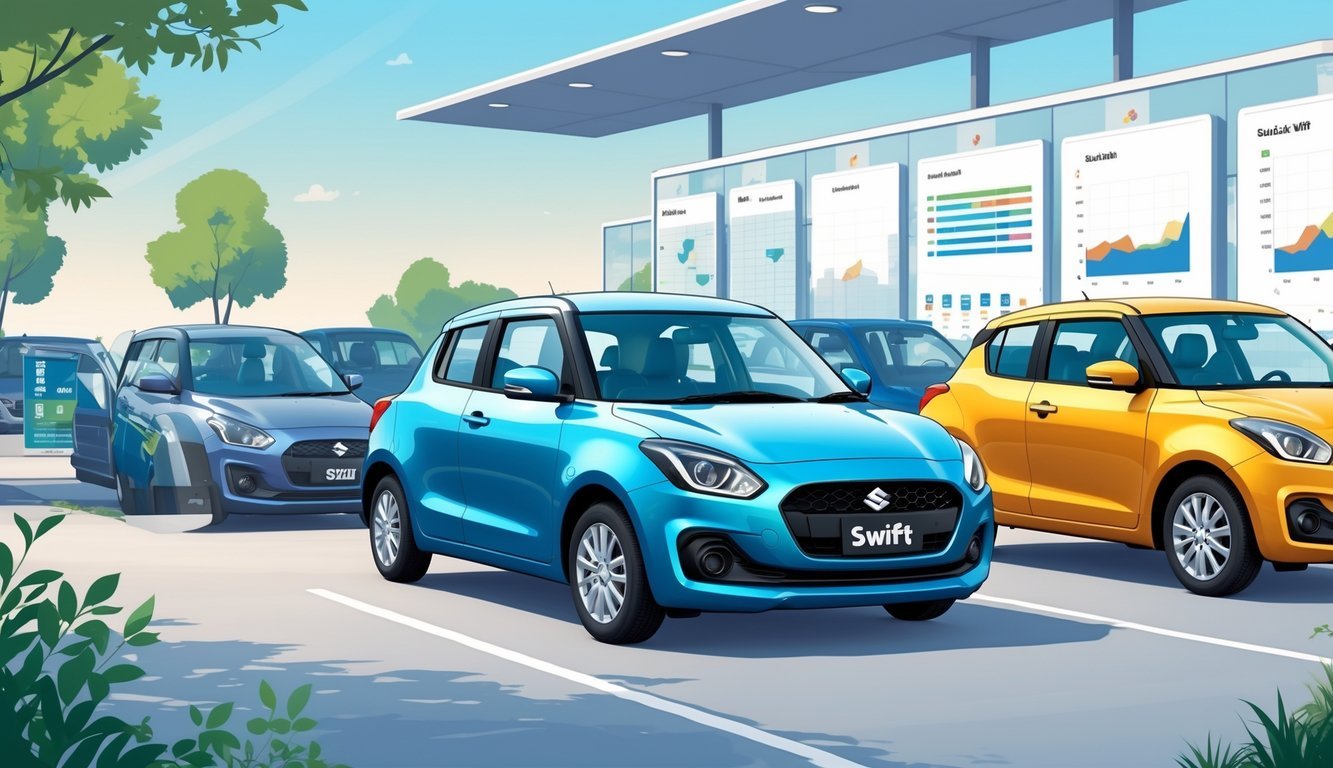 Prikaz parkirališta s nekoliko rabljenih Suzuki Swift automobila različitih boja i opreme, s grafičkim prikazima cijena i tržišnih trendova u pozadini.