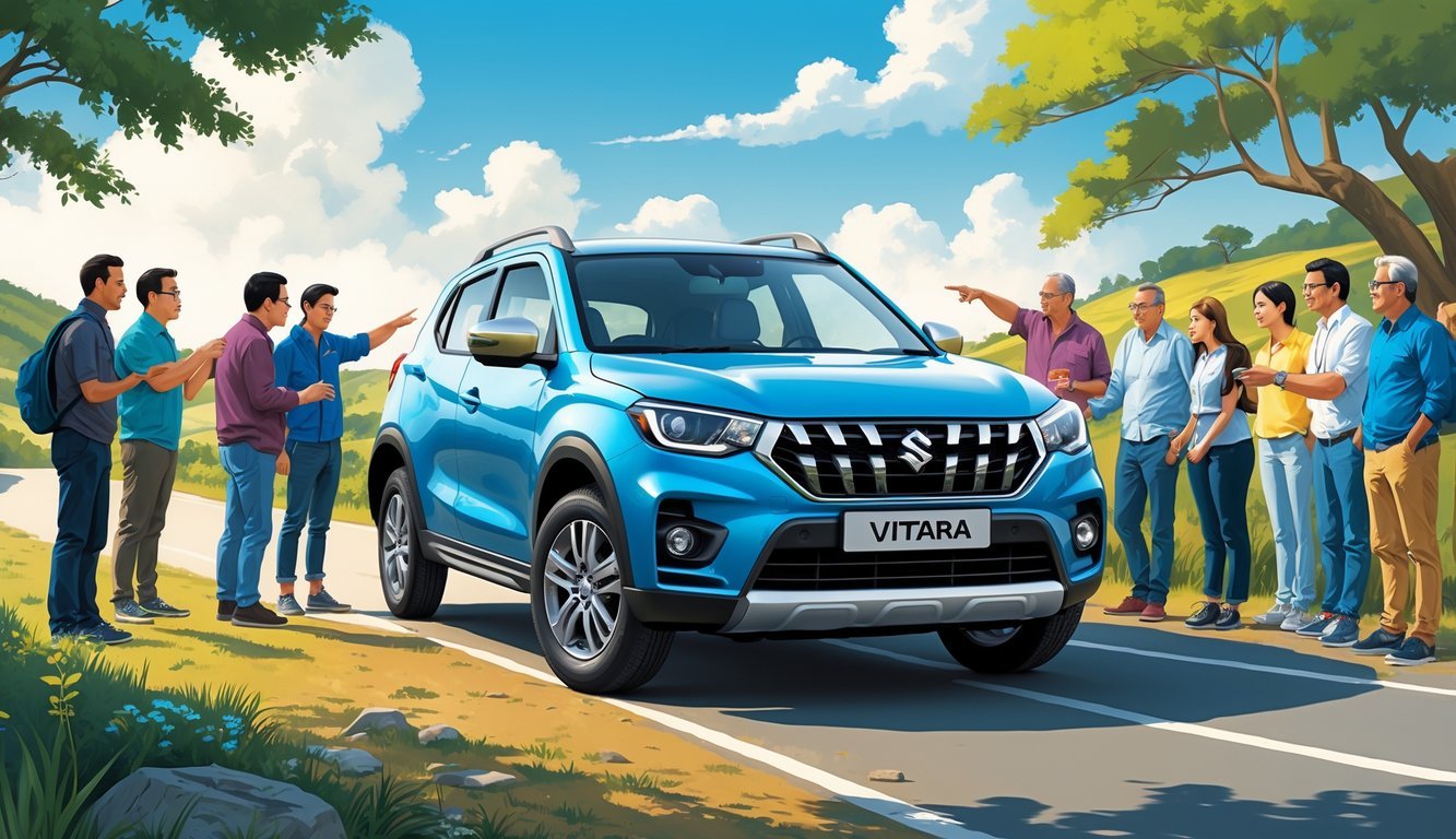 Grupa ljudi okupljena oko Suzuki Vitara automobila na otvorenom, razgovaraju i pokazuju dijelove vozila.