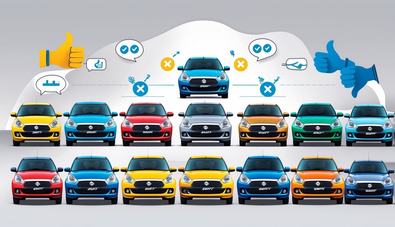 Više Suzuki Swift automobila u različitim bojama okruženi simbolima koji predstavljaju prednosti i mane iz iskustava vlasnika.