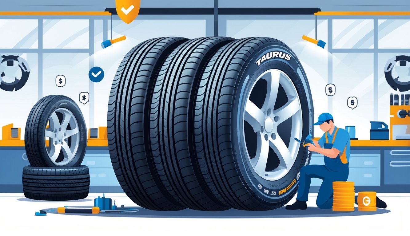 Skup Taurus guma s ikonama koje prikazuju uobičajene kvarove i mehaničar koji pregledava gumu u radionici.