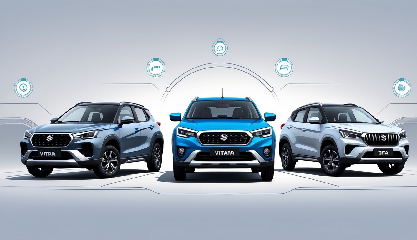 Tri SUV vozila parkirana jedno do drugog, središnje plavi Suzuki Vitara i dva druga modela sa strane, prikazani izbliza.