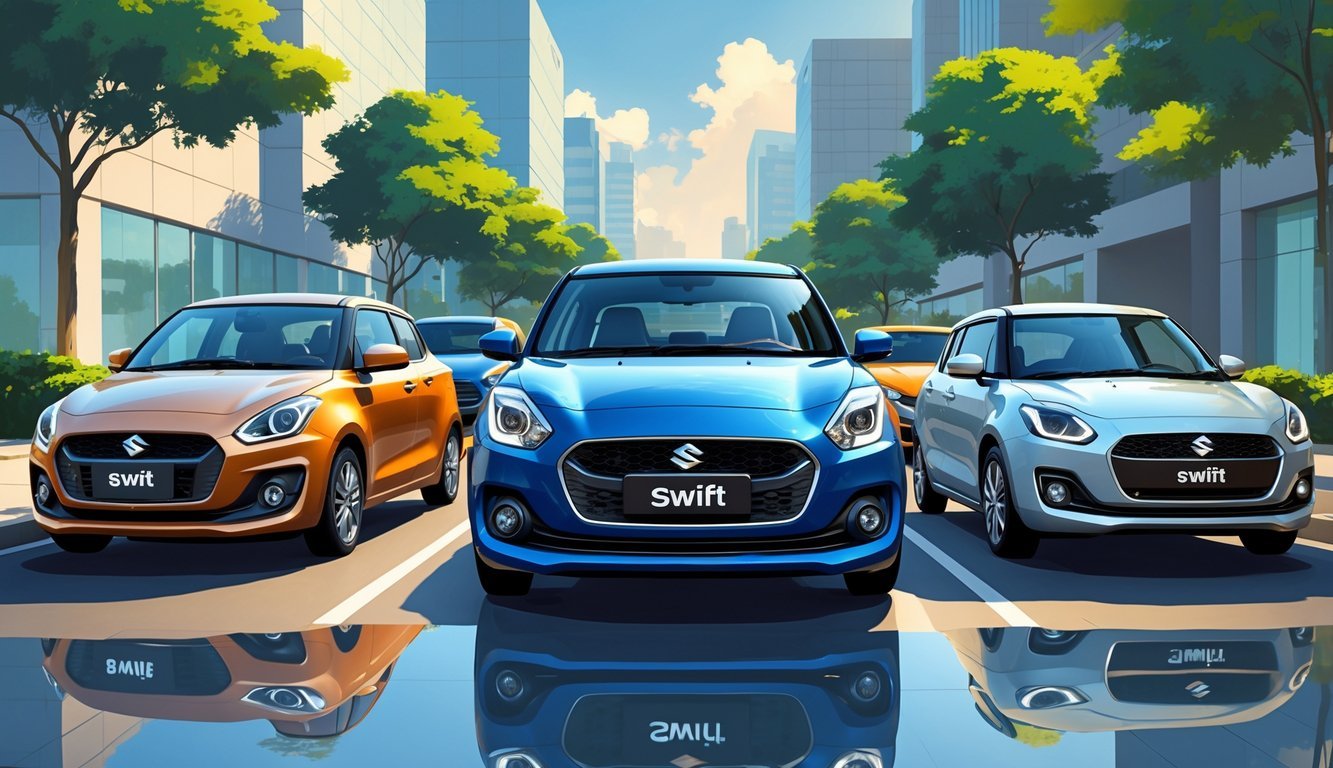 Prikaz nekoliko modernih kompaktnih automobila parkiranih jedan do drugoga na gradskoj ulici, s naglaskom na Suzuki Swift u sredini.
