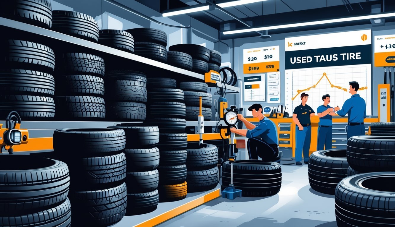 Scena u radionici s mehaničarom koji pregledava rabljene gume Taurus, okružen alatima i kupcima koji razgovaraju o gumama.