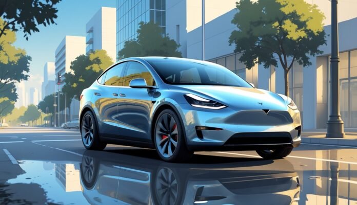 Tesla Model Y parkiran na modernoj gradskoj ulici s zgradama i drvećem u pozadini.