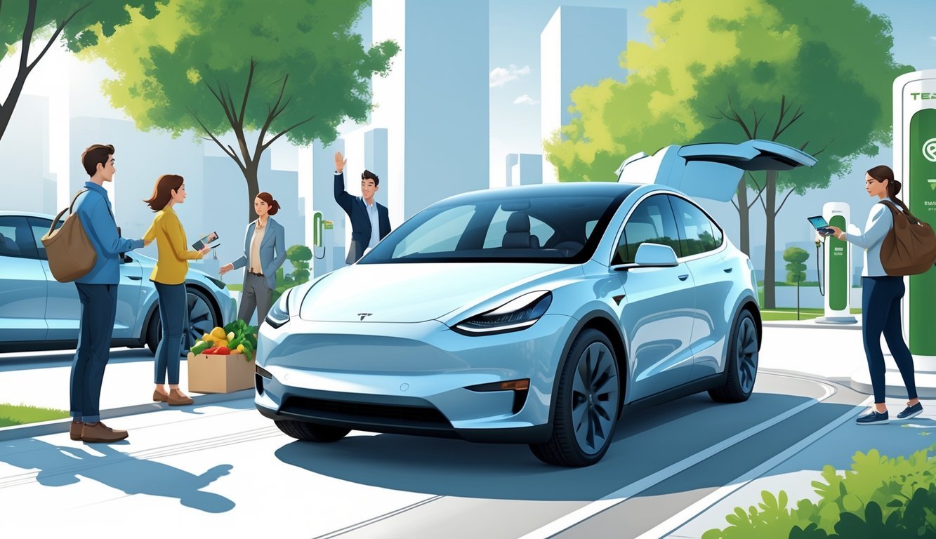 Tesla Model Y parkiran u modernom gradskom okruženju s ljudima koji ga koriste i promatraju.