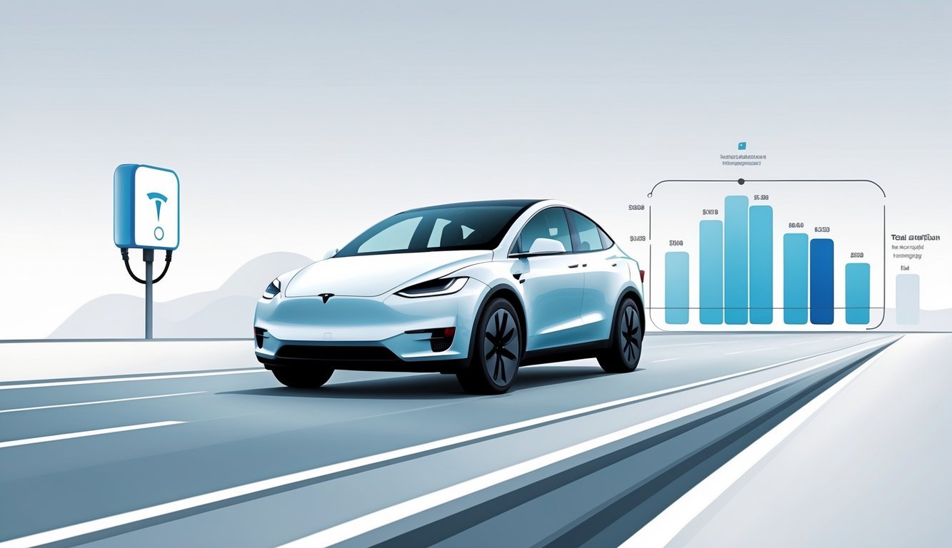 Tesla Model Y na cesti s ikonama koje predstavljaju potrošnju energije i troškove vožnje.