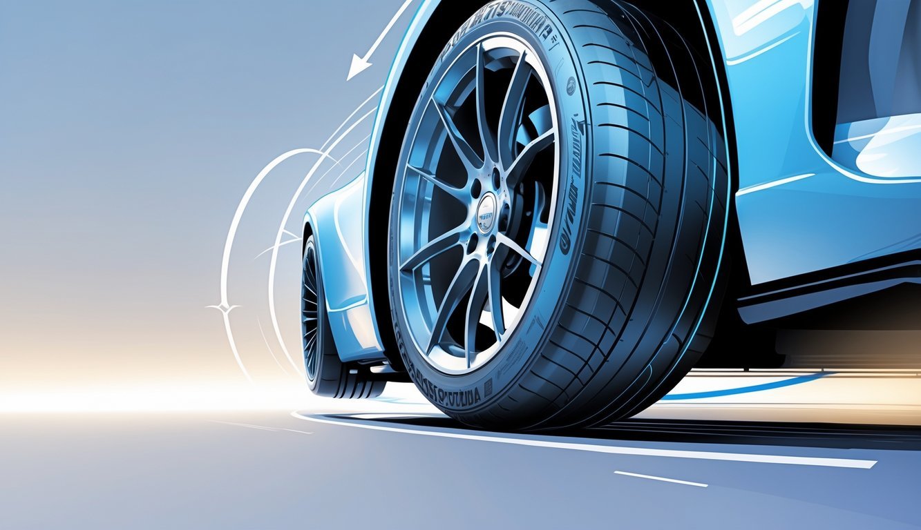 Prikaz bliskog kuta visokokvalitetne gume na kotaču automobila s naglaskom na rotaciju i snagu okretnog momenta.