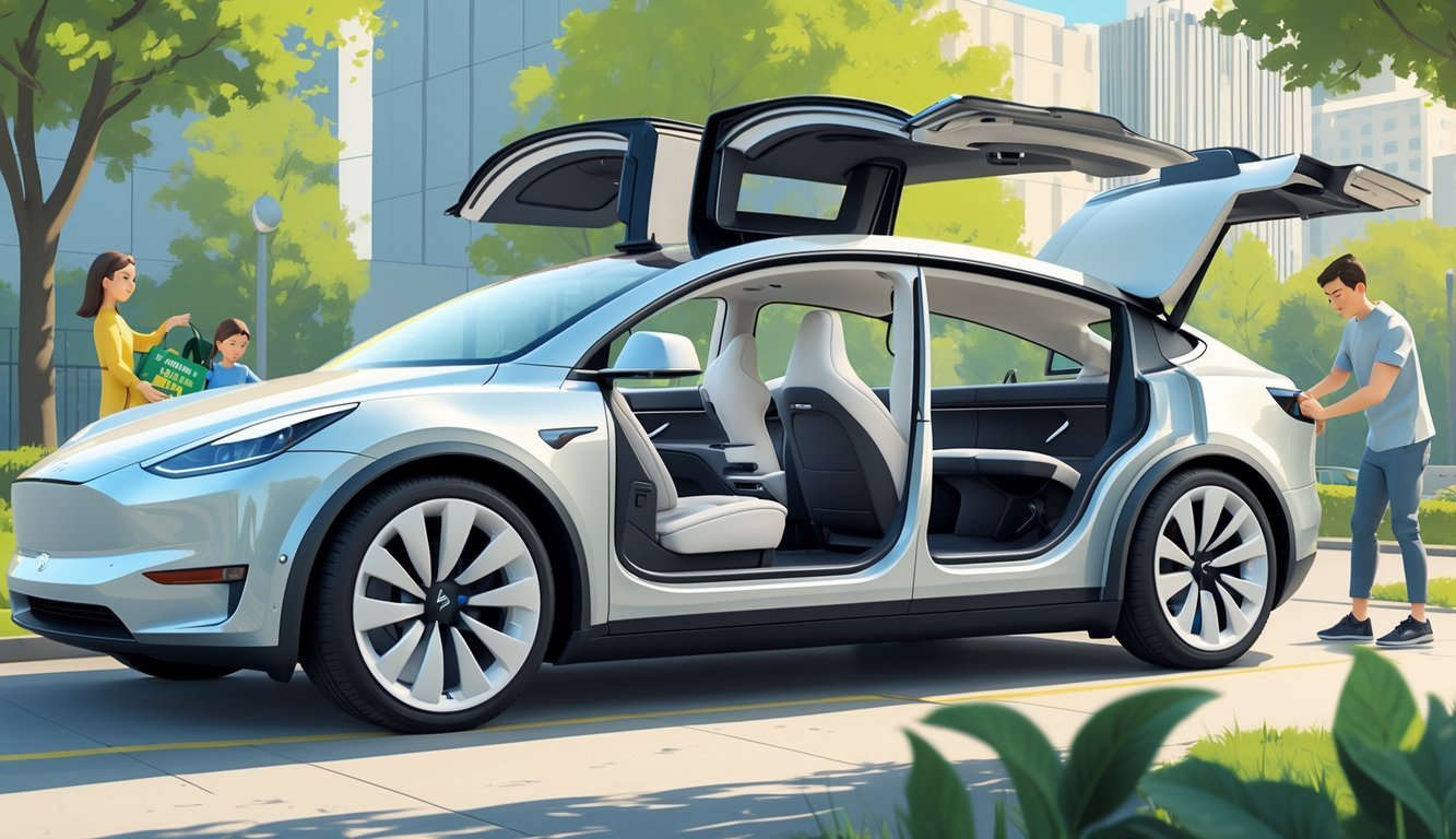 Tesla Model Y parkiran u urbanom okruženju s otvorenim vratima koja pokazuju prostran i udoban unutarnji prostor s ljudima koji koriste vozilo.