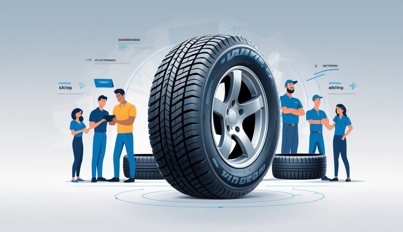 Prikaz visokokvalitetne gume s istaknutim uzorkom i simbolima okretnog momenta, okružena ljudima koji predstavljaju ciljanu skupinu korisnika.