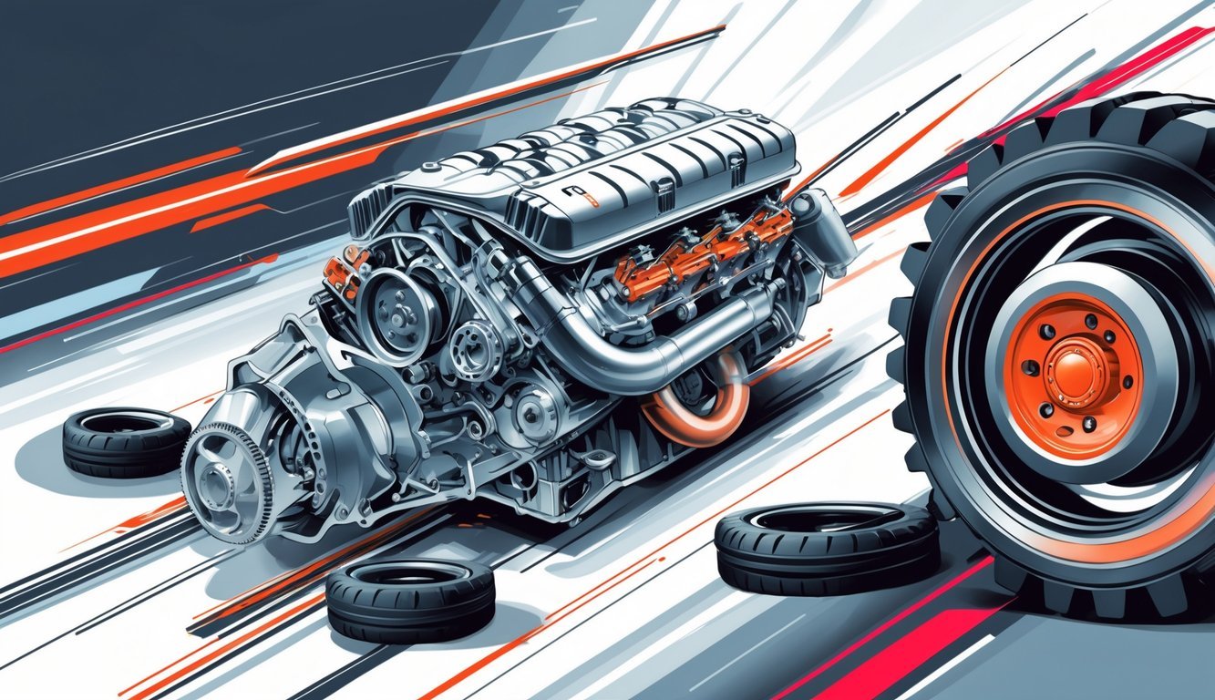Ilustracija prikazuje automobilsku motor, mjenjač i gume u pokretu, naglašavajući performanse i prijenos okretnog momenta.
