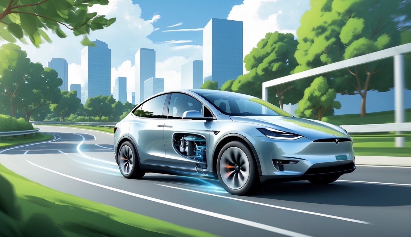 Tesla Model Y na cesti u pokretu, okružen zelenilom i urbanim okruženjem.