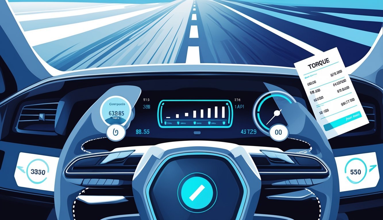 Prikaz modernog automobila s pokazivačima potrošnje goriva, simbolima troškova vožnje i gumom s naglaskom na okretnost.