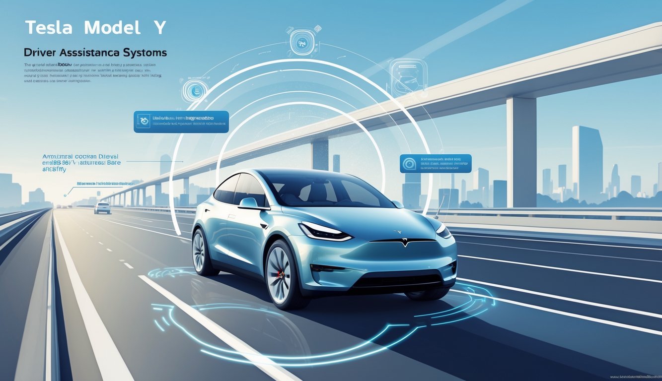 Tesla Model Y vozi autocestom s prikazom digitalnih senzora i sigurnosnih sustava oko vozila.