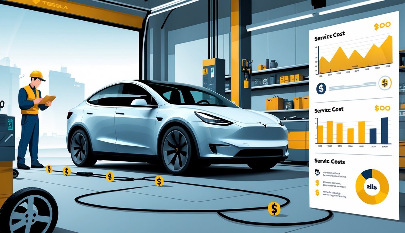 Tesla Model Y u servisu s mehaničarom koji pregledava automobil, okružen simbolima uobičajenih kvarova i prikazom troškova servisa.