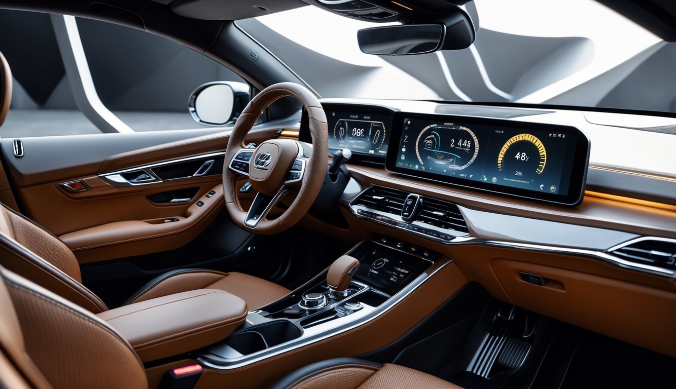 Unutrašnjost modernog automobila s naglaskom na kvalitetu izrade i napredni infotainment sustav, prikazujući detalje sjedala, upravljača i zaslona te gume u pozadini.