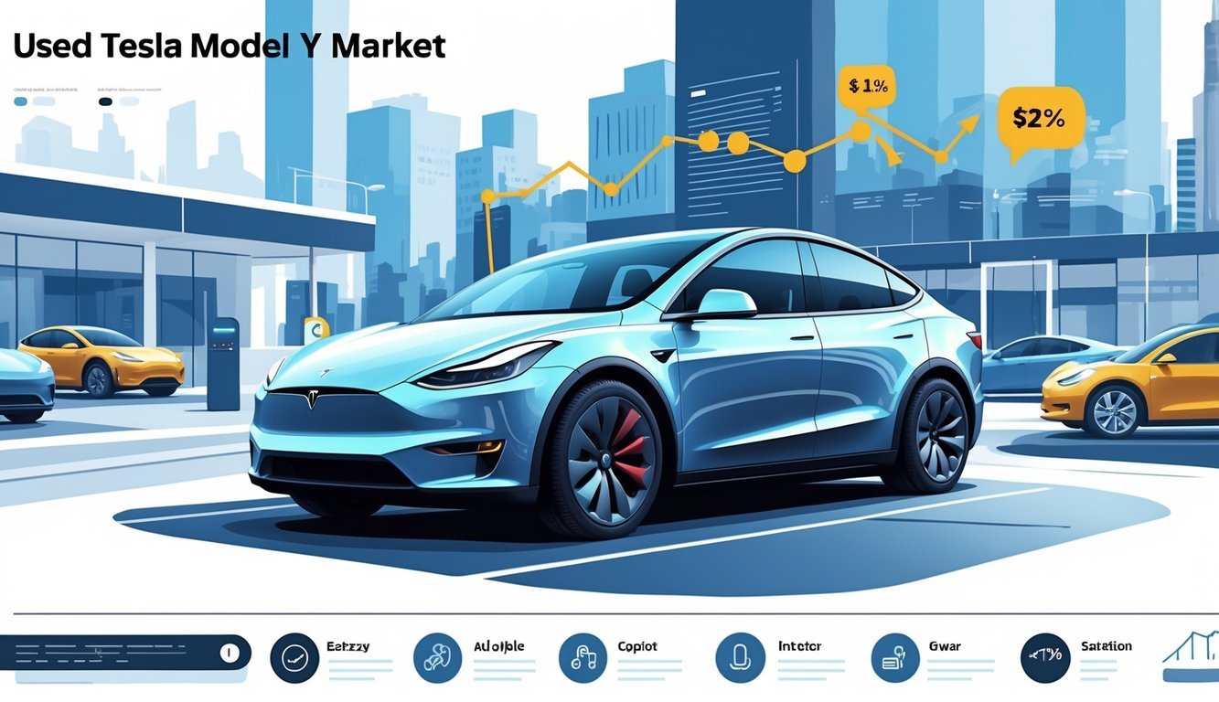 Tesla Model Y parkiran u urbanom okruženju s grafičkim prikazima cijena, opreme i iskustava korisnika.