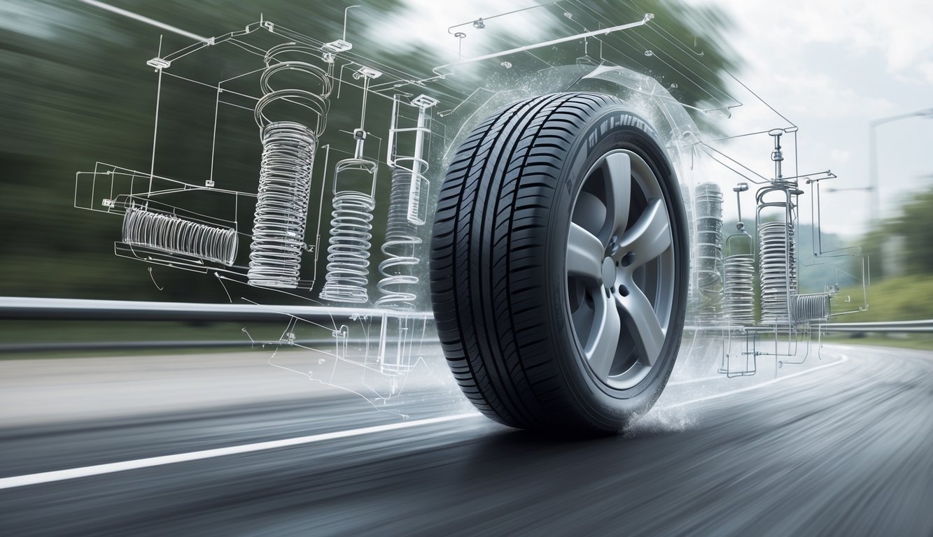 Ilustracija prikazuje automobilsku gumu u pokretu s prikazom ovjesa i ceste.