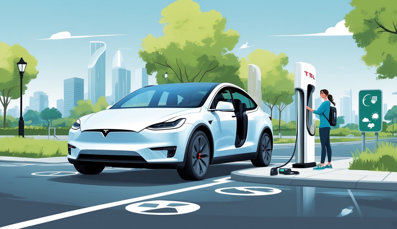 Tesla Model Y parkiran na gradskoj ulici s vozačem koji razmatra automobil, okružen simbolima prednosti i mana poput punionice, prometne gužve i kiše.