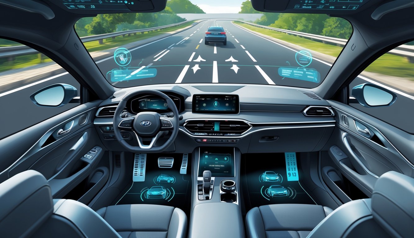 Prikaz modernog automobila s naglaskom na sigurnosne sustave i pomoć vozaču, uključujući prikaz podataka o zakretnom momentu guma i sustave za pomoć u vožnji.