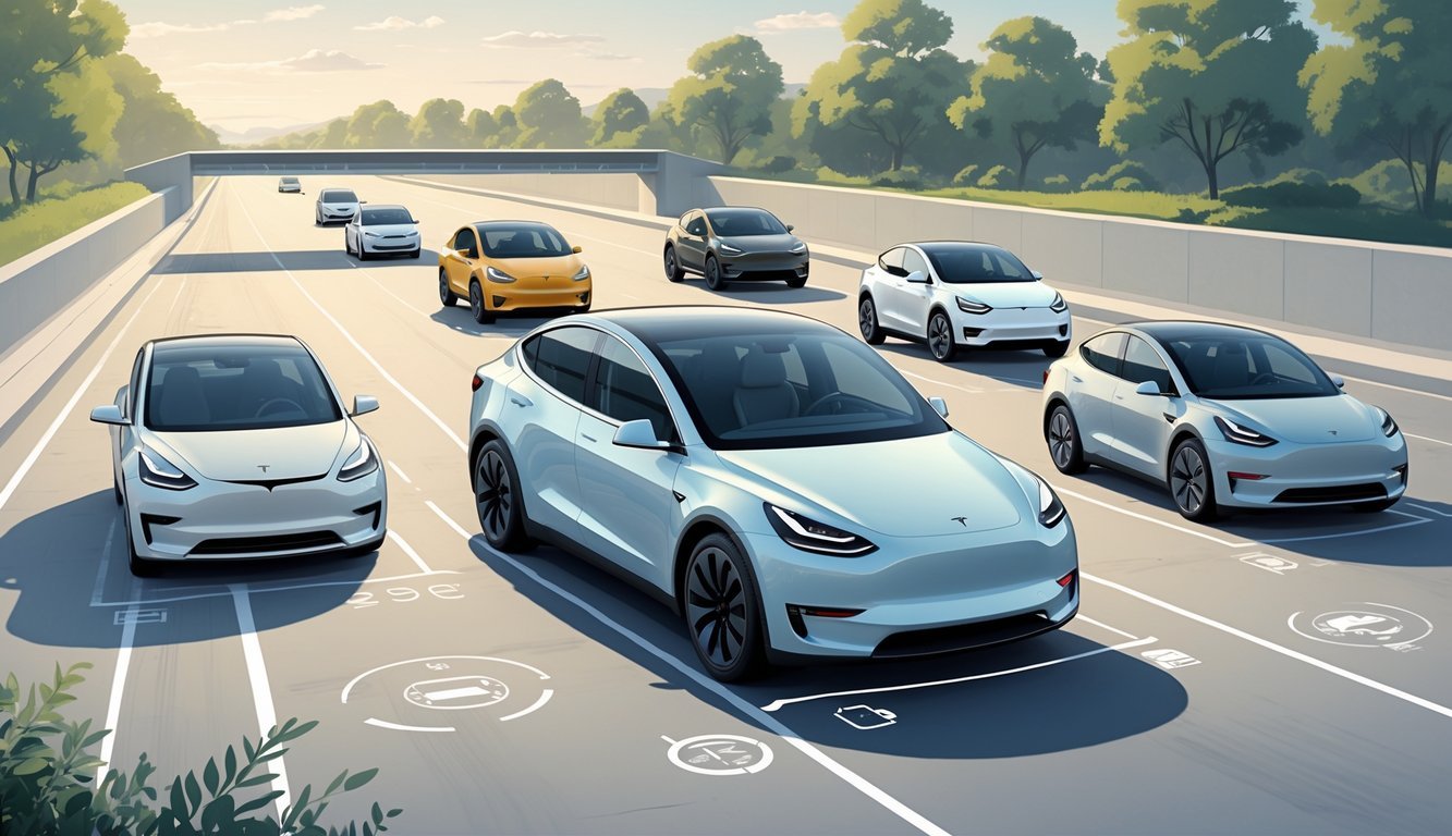 Prikaz nekoliko električnih SUV vozila postavljenih na cesti s Teslom Model Y u sredini, okruženi drugim modelima za usporedbu.