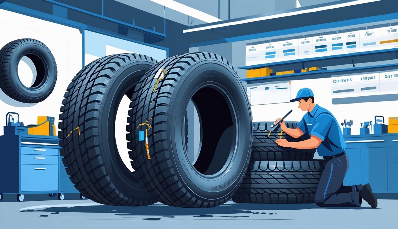 Ilustracija prikazuje torque gume s uobičajenim oštećenjima i mehaničara koji ih servisira u radionici.