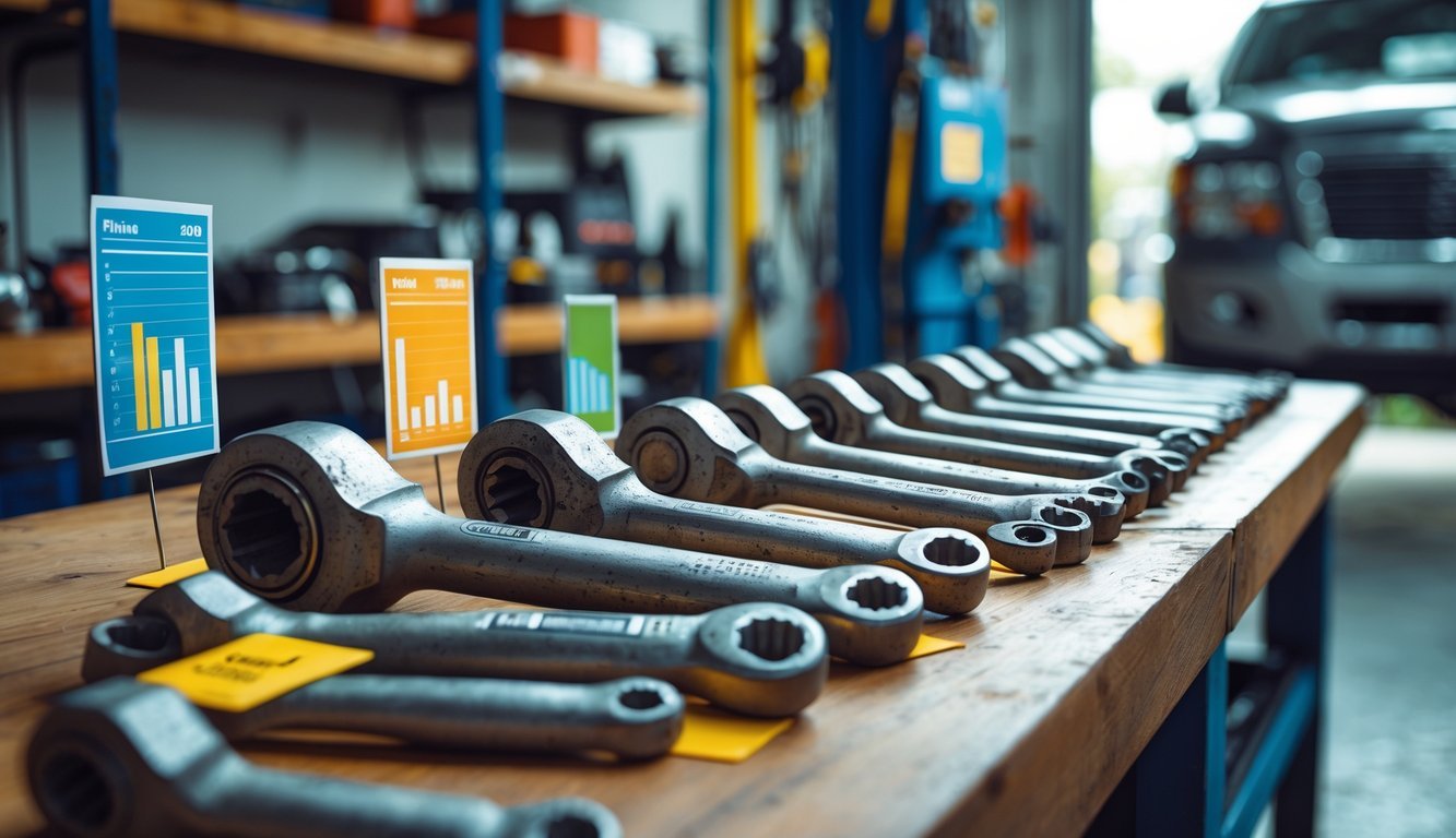 Radionica s nekoliko rabljeni moment ključeva na stolu, uz grafikone i oznake cijena, u pozadini alati i vozilo u servisu.