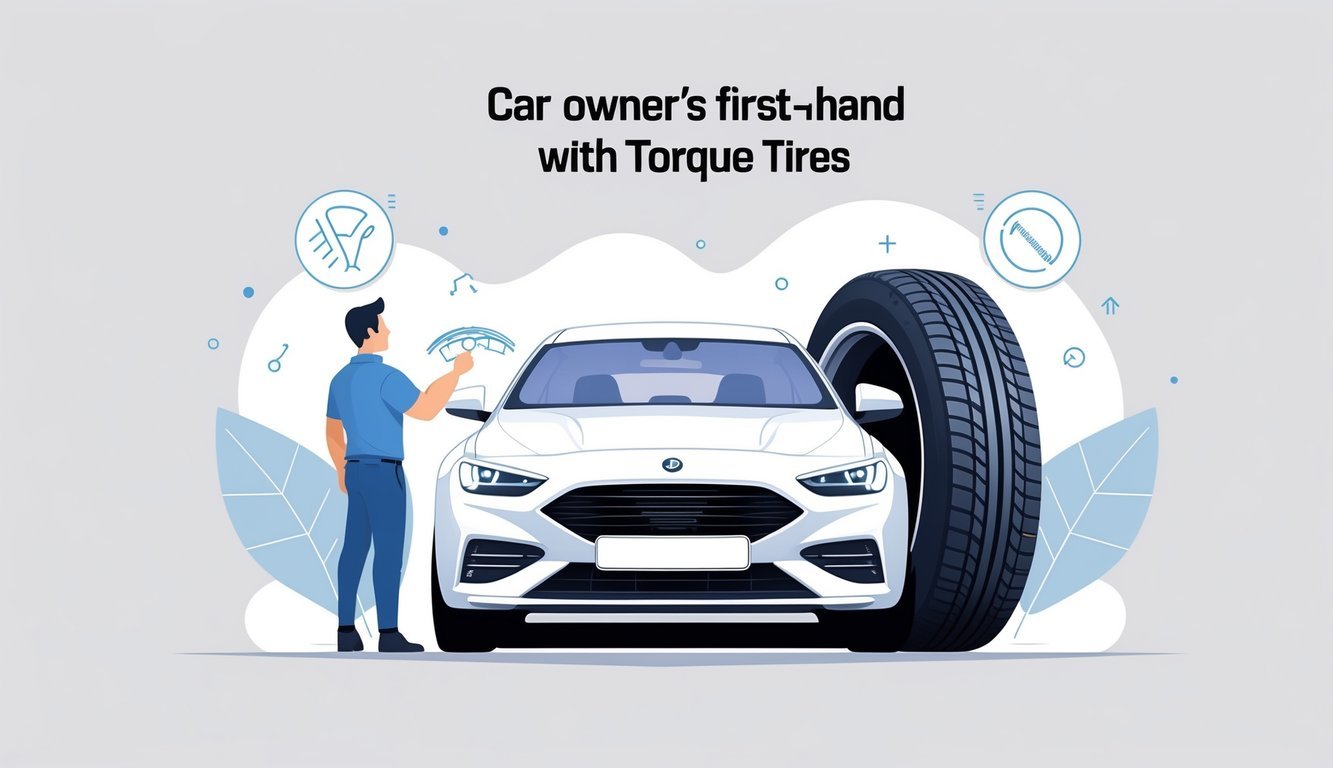 Vlasnik automobila pregledava gumu dok su oko njega prikazani simboli prednosti i mana guma.