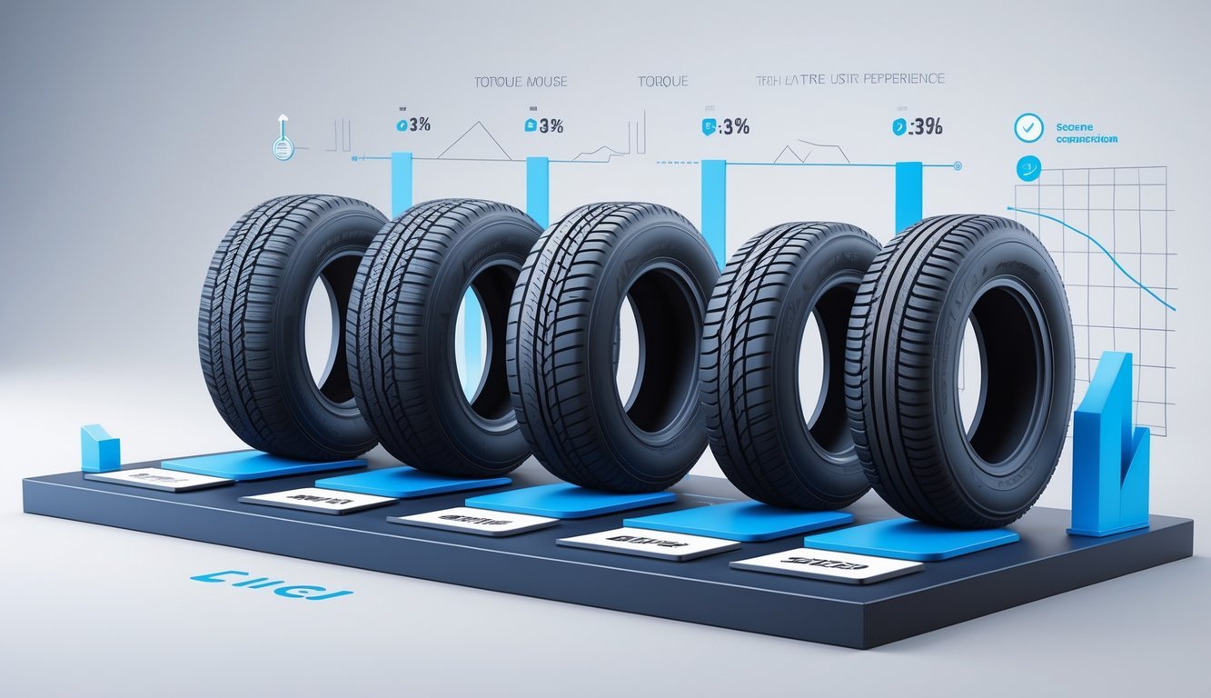Prikaz nekoliko različitih modela guma postavljenih usporedno s grafičkim prikazima njihove snage i korisničkih iskustava.