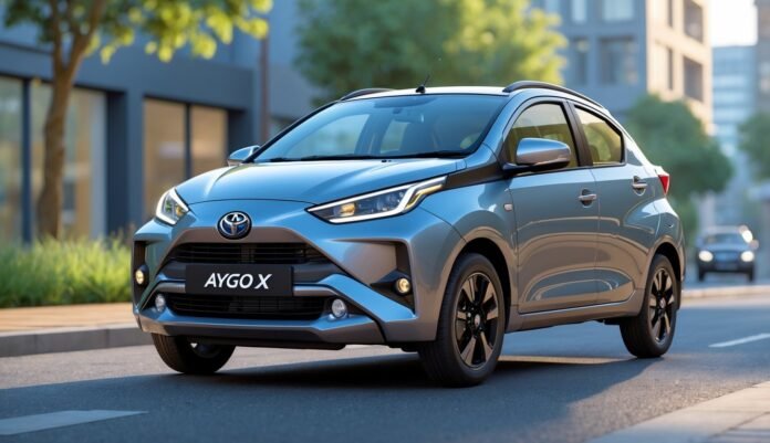 Toyota Aygo X parkiran na urbanoj ulici s modernim zgradama u pozadini.