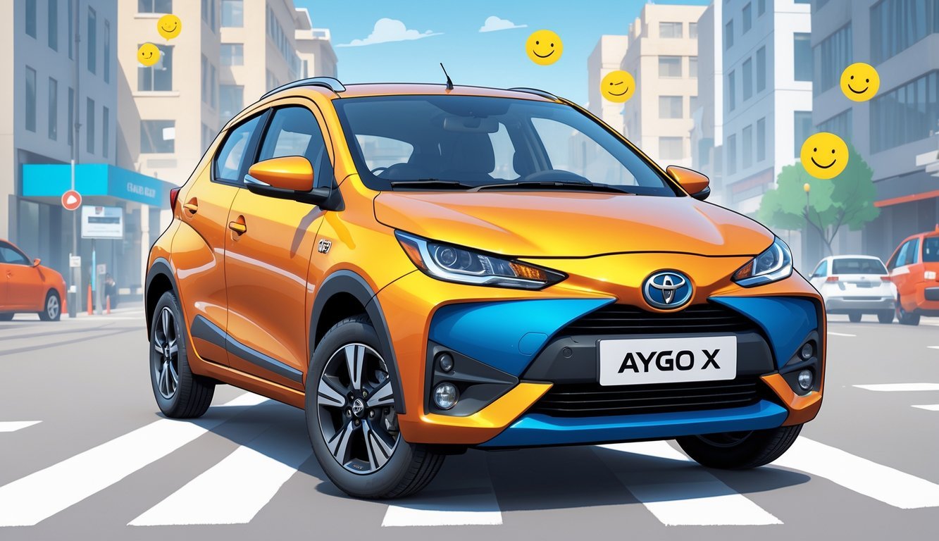 Toyota Aygo X na gradskom ulicnom krajoliku s prikazom elemenata koji simboliziraju iskustva korisnika.