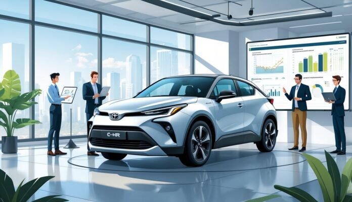 Moderno poslovno okruženje s prikazom automobila Toyota C-HR i ljudima koji rade na njegovom dizajnu i analizi.