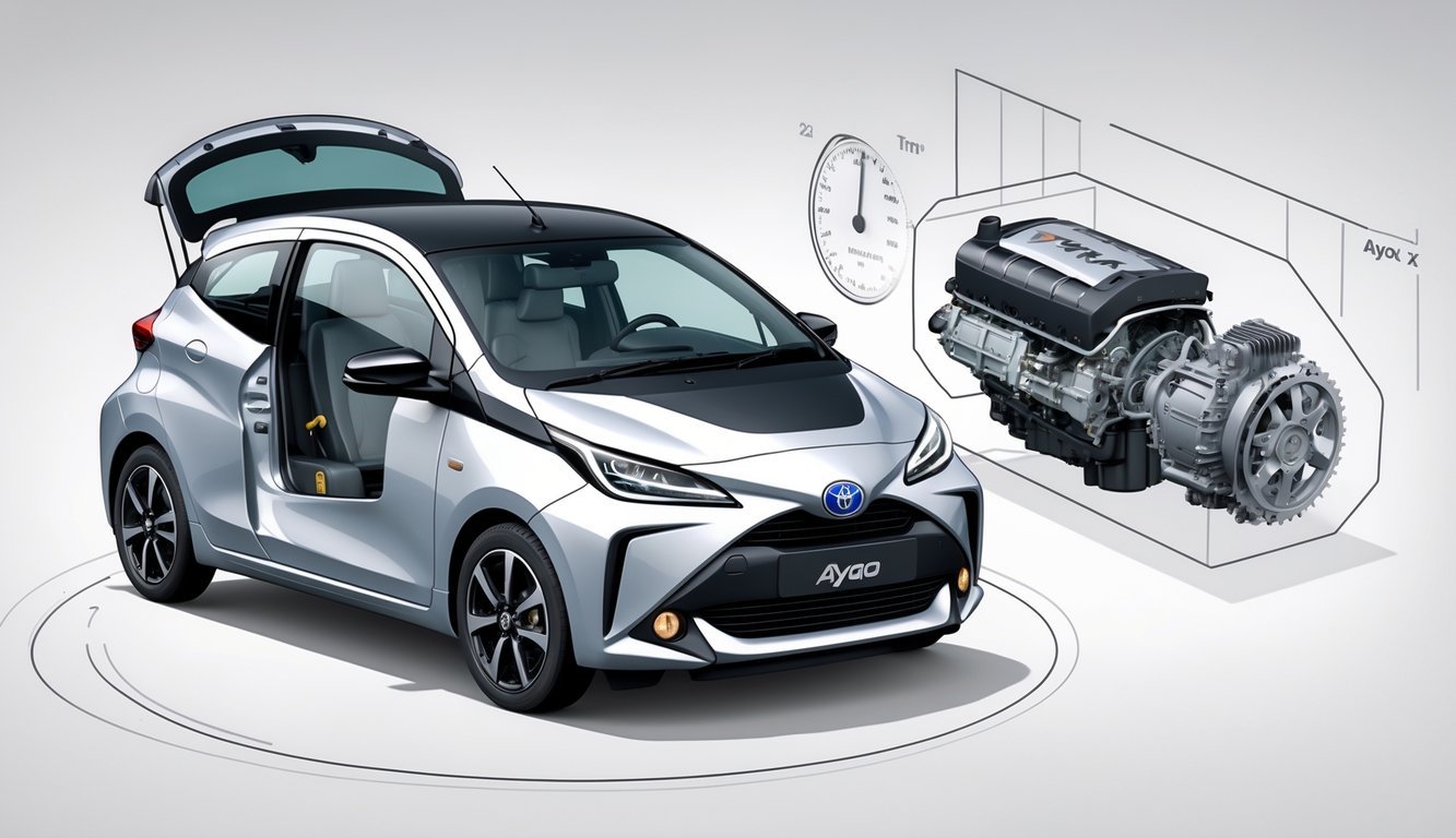 Toyota Aygo X s otvorenim poklopcem motora i prikazom mjenjača i motora.